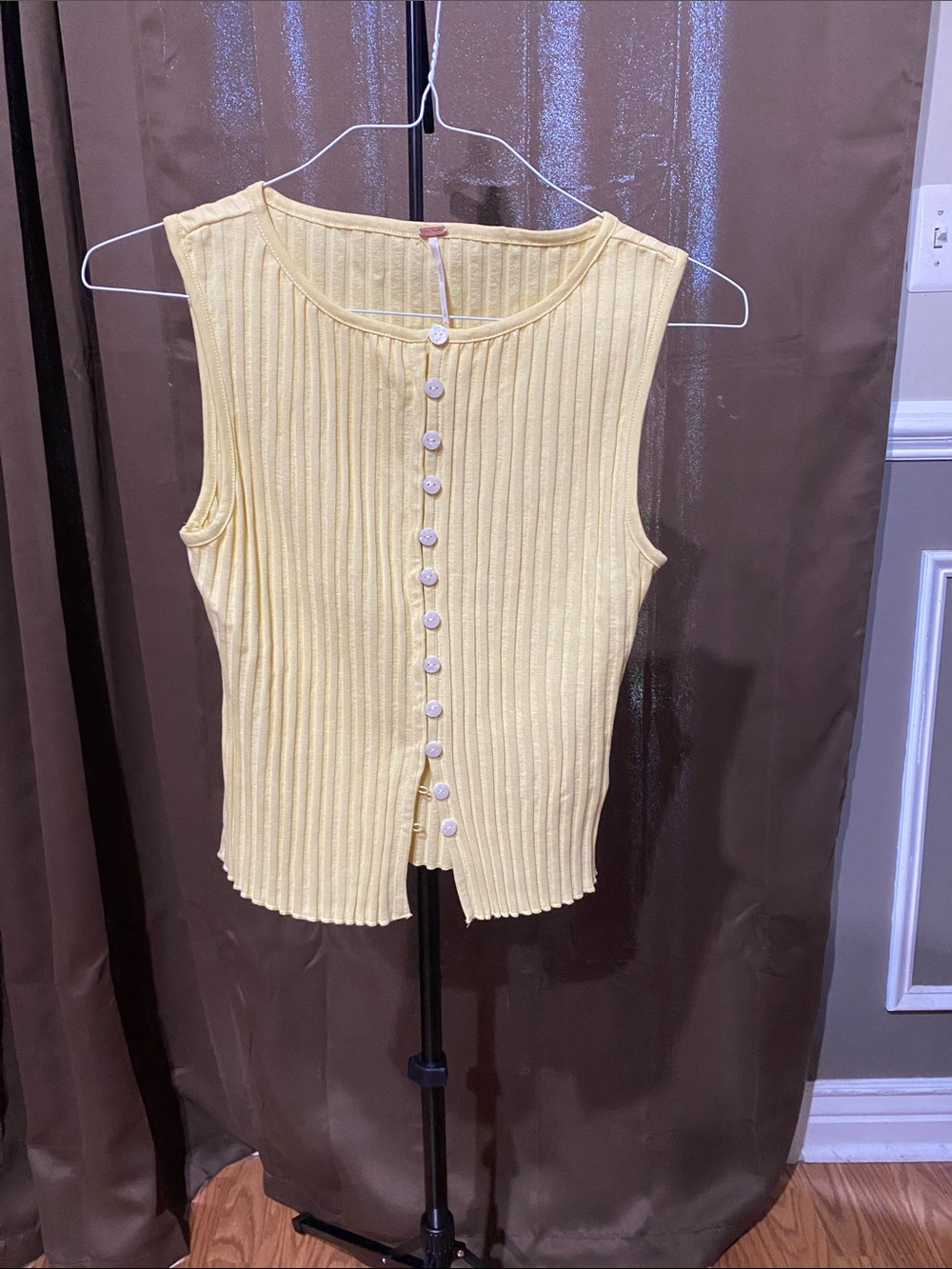 Free People Pale Yellow Ribbed Button Tank - Picture 2 of 6